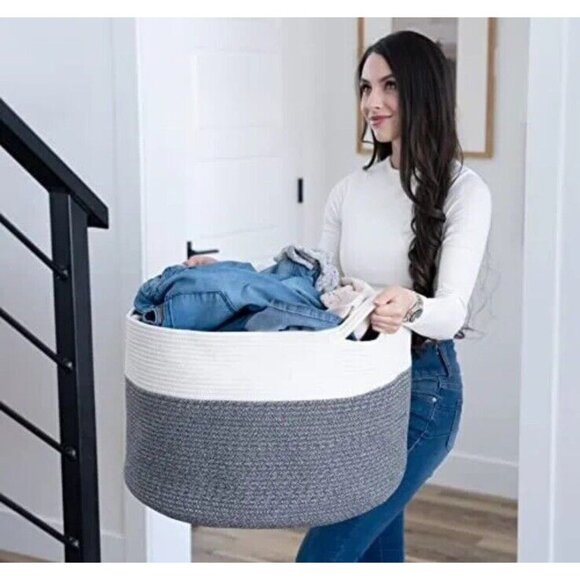 Woven Baskets XXXL Cotton Rope 22"x22"x14" Storage Blanket Living Room LITE BLUE - Picture 7 of 7